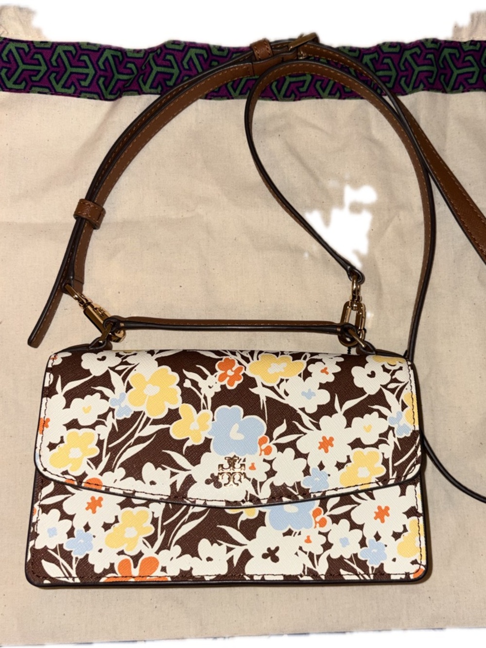 Tory Burch Emerson Brown Floral Print Top Handle & Crossbody Bag New